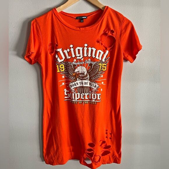 Fashion Nova Tops - Fashion Nova Distressed Eagle Graphic Tee Orange Born To Be Wild Shirt S-M